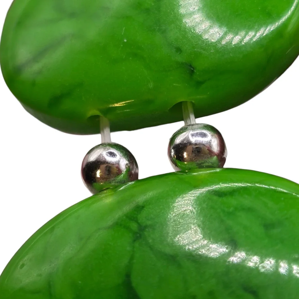 Chunky Stretch Green Beaded Bold Oval Plastic Silver Tone 7